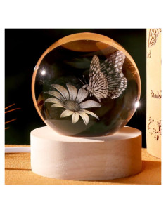Esfera de Cristal Mariposa 3D JUNHUIUS 60mm con Base Iluminada