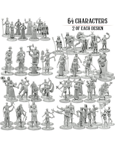 Conjunto de Miniaturas de Fantasía - 64 Pobladores Pintables - DND
