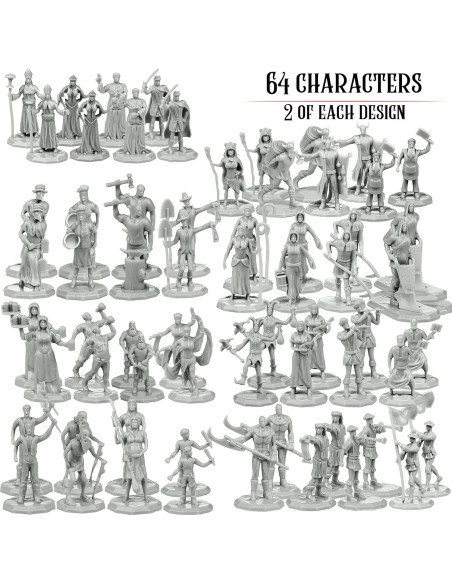 Conjunto de Miniaturas de Fantasía - 64 Pobladores Pintables - DND