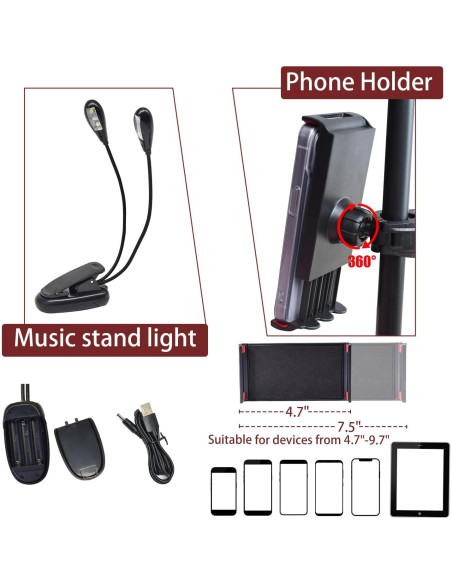 Atril de Partituras Tialero con Luz y Soporte Teléfono 84-145cm