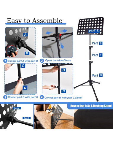 Atril de Partituras Tialero con Luz y Soporte Teléfono 84-145cm