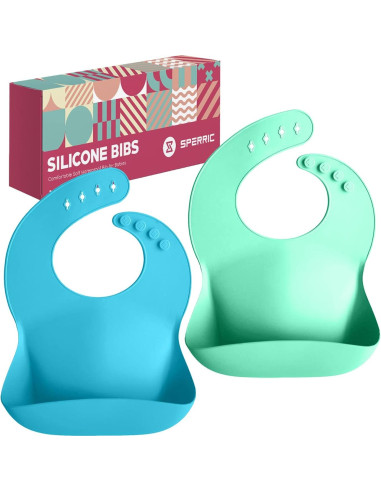 Babero de Silicona Sperric Verde/Azul con Recogedor Impermeable
