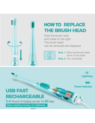 Cepillo de dientes eléctrico Vekkia Sonic para niños, 3 modos, IPX7