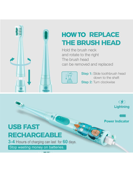 Cepillo de dientes eléctrico Vekkia Sonic para niños, 3 modos, IPX7