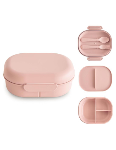 Caja de Almuerzo Mushie Rosa 3 Compartimentos + Utensilios