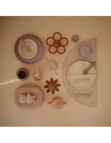 Caja de Almuerzo Mushie Rosa 3 Compartimentos + Utensilios