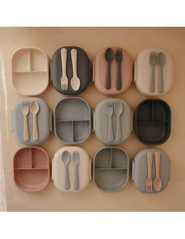 Caja de Almuerzo Mushie Rosa 3 Compartimentos + Utensilios