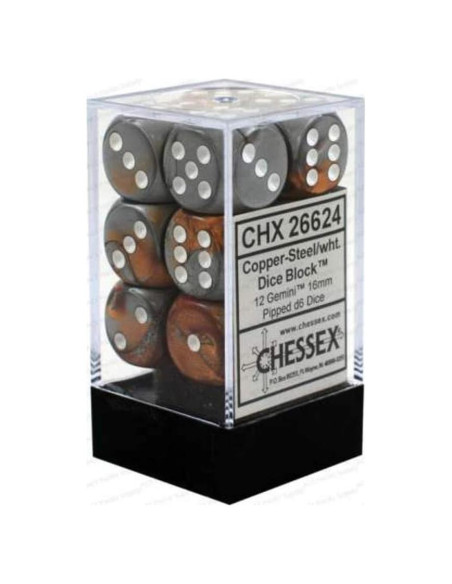 Juego de Dados D&D Chessex 12 D6 16mm Cobre y Blanco