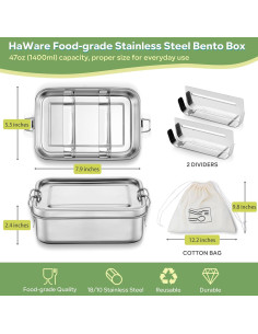 Caja Bento Acero Inoxidable HaWare 850ml con Divisores y Bolsa 2