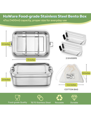 Caja Bento Acero Inoxidable HaWare 850ml con Divisores y Bolsa
