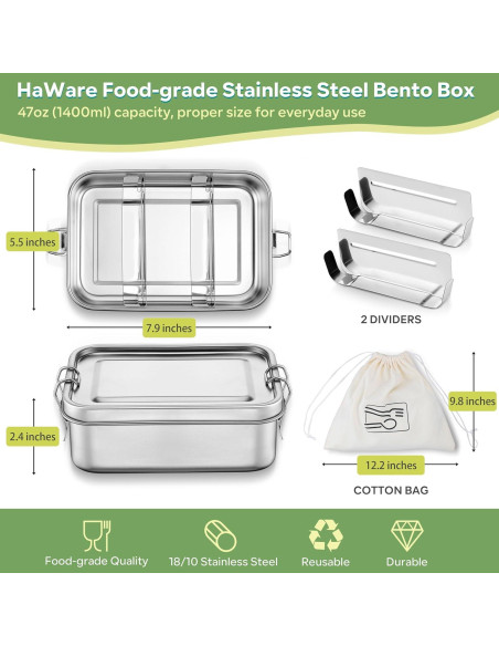 Caja Bento Acero Inoxidable HaWare 850ml con Divisores y Bolsa