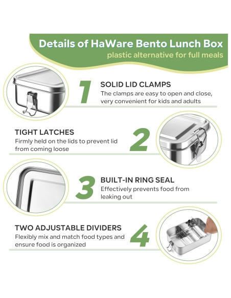 Caja Bento Acero Inoxidable HaWare 850ml con Divisores y Bolsa