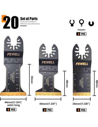 Cuchillas de Sierra Oscilante Titanio FEWELL 20 Piezas 3 Tipos