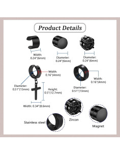 Pendientes Magnéticos Aroncent para Hombres - Acero Inoxidable, 10 Pares 2