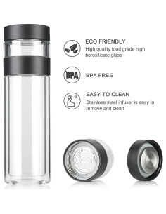Botella de Té COMI de Doble Pared 400ml Vidrio Borosilicato Negro 2