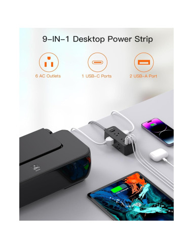 Tira de Alimentación BESHON 5FT con 6 Salidas y 3 USB