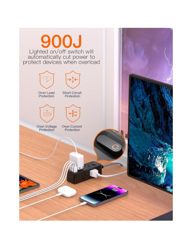 Tira de Alimentación BESHON 5FT con 6 Salidas y 3 USB