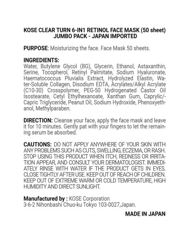 Mascarilla Facial Kose Clear Turn 6-en-1 Retinol 50 Hojas