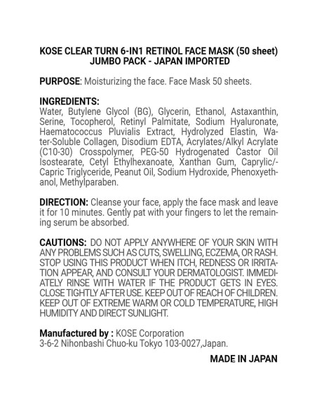 Mascarilla Facial Kose Clear Turn 6-en-1 Retinol 50 Hojas