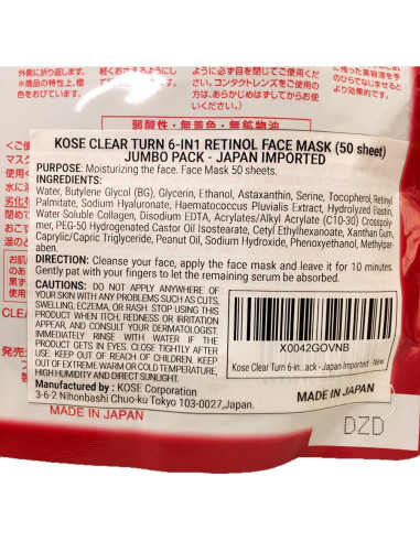 Mascarilla Facial Kose Clear Turn 6-en-1 Retinol 50 Hojas