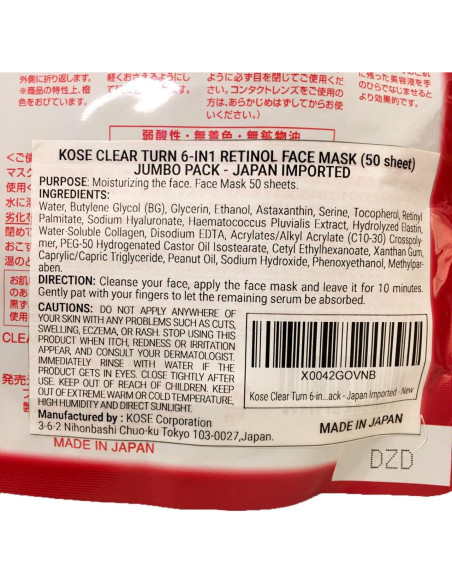 Mascarilla Facial Kose Clear Turn 6-en-1 Retinol 50 Hojas