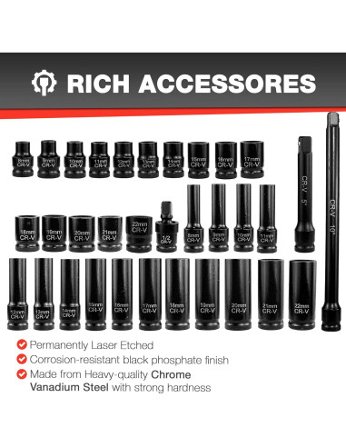Juego de Enchufes de Impacto 33pcs EACELIY 1/2" (8-22mm) Acero Cr-V