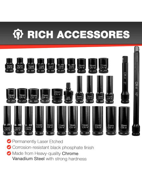 Juego de Enchufes de Impacto 33pcs EACELIY 1/2" (8-22mm) Acero Cr-V