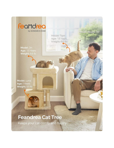 Árbol para Gatos Feandrea S Beige 67 cm con 2 Cuevas y Rascador