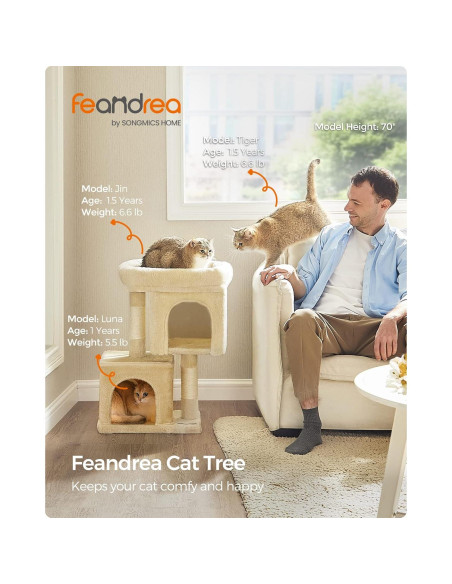 Árbol para Gatos Feandrea S Beige 67 cm con 2 Cuevas y Rascador Árbol para Gatos Feandrea S Beige 67 cm con 2 Cuevas y Rascador