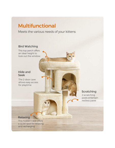 Árbol para Gatos Feandrea S Beige 67 cm con 2 Cuevas y Rascador Árbol para Gatos Feandrea S Beige 67 cm con 2 Cuevas y Rascador