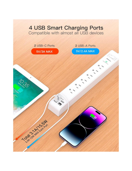 Regleta de Enchufe MIFASOPOWER 6 Salidas AC y 4 USB-C 1.52m Regleta de Enchufe MIFASOPOWER 6 Salidas AC y 4 USB-C 1.52m