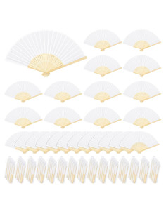 80 Abanicos de Mano Plegables MCEAST de Seda y Bambú Blancos