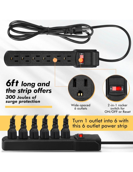 Regleta de Protección Kanayu 12 Pcs 1.8m 6 Salidas Negra