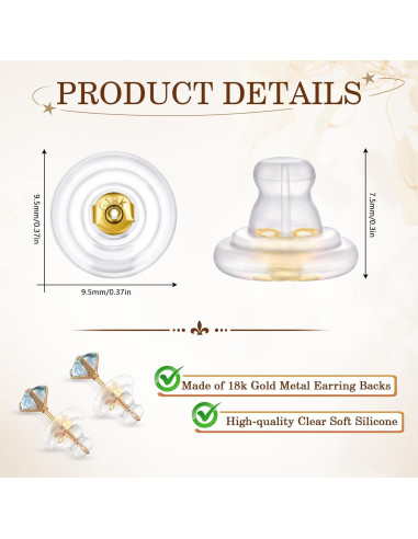 12 Respaldo de Pendientes Zithyond Oro 18K Silicona Hipoalergénico