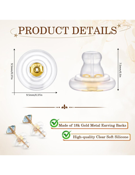 12 Respaldo de Pendientes Zithyond Oro 18K Silicona Hipoalergénico