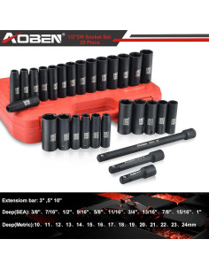 Juego de Enchufes de Impacto AOBEN 29 Piezas 1/2" SAE/Métrico 2
