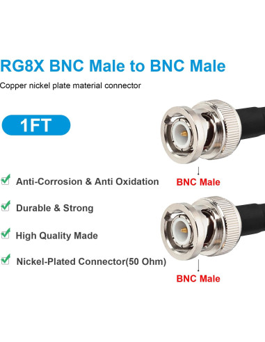 Cable coaxial BNC macho a macho RG8X 30.48cm 50 ohm MOOKEERF