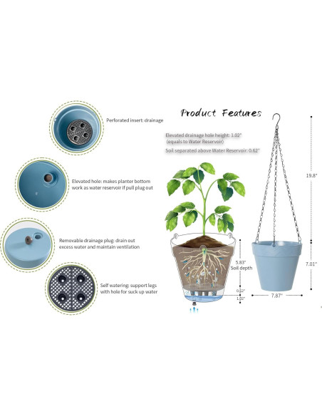 Maceta Colgante Melphoe Azul 20 cm Autorriego y Drenaje