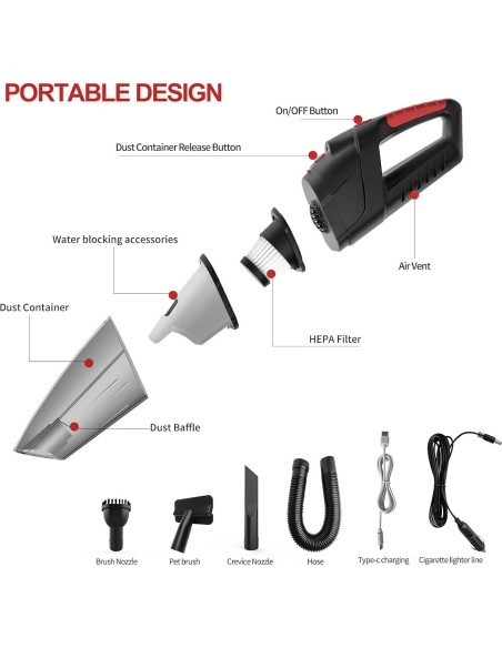 Aspiradora de Mano Tradetop X08 Inalámbrica 6.5KPA HEPA Negra