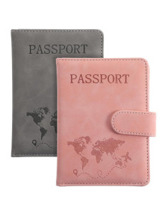 2 Fundas de Pasaporte Multifuncionales AOZUO con RFID Rosa y Gris