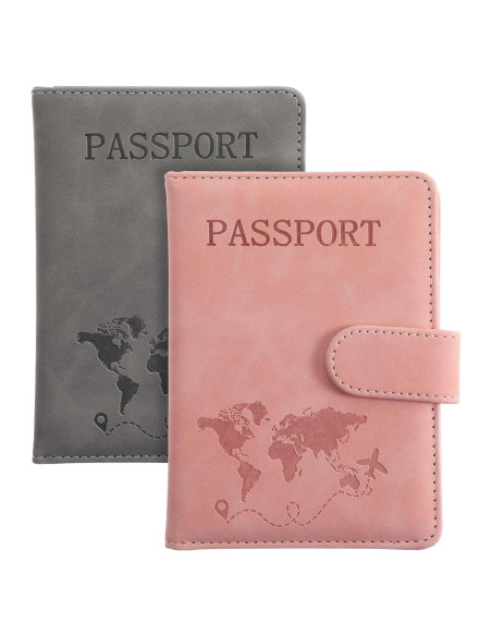 2 Fundas de Pasaporte Multifuncionales AOZUO con RFID Rosa y Gris