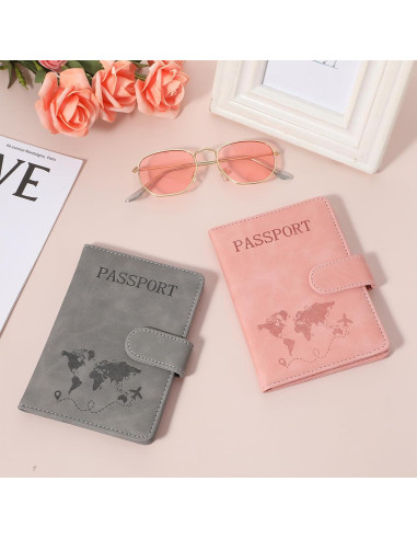 2 Fundas de Pasaporte Multifuncionales AOZUO con RFID Rosa y Gris
