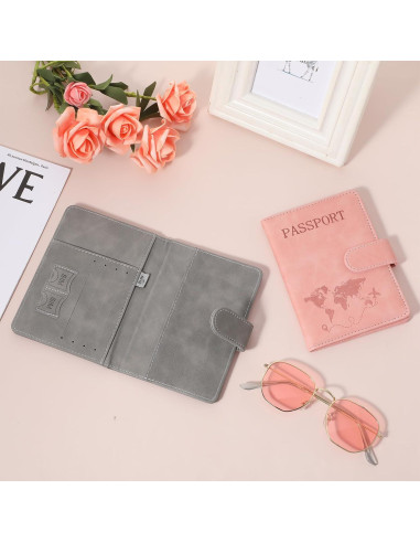 2 Fundas de Pasaporte Multifuncionales AOZUO con RFID Rosa y Gris
