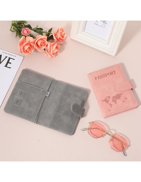2 Fundas de Pasaporte Multifuncionales AOZUO con RFID Rosa y Gris