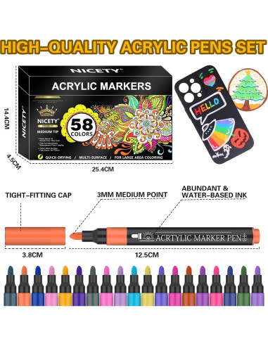Set de 58 Marcadores de Pintura Acrílica NICETY 3mm Multicolor