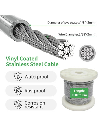 Kit de Cuerda de Alambre 1/8" Unicaravan 30.48m Acero Inoxidable
