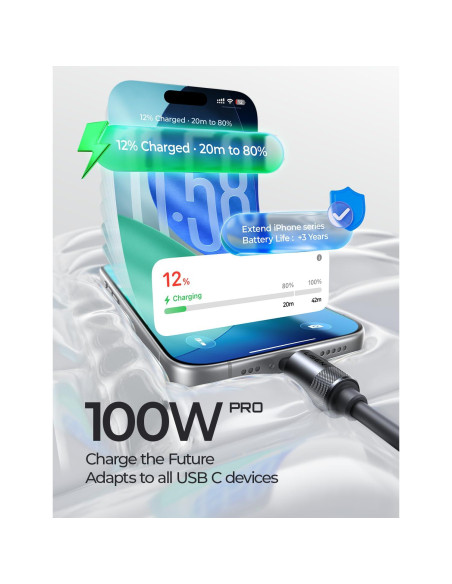 Cable de Carga USB-C LISEN 100W 3M Silicona Suave Negro