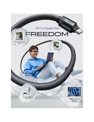 Cable de Carga USB-C LISEN 100W 3M Silicona Suave Negro
