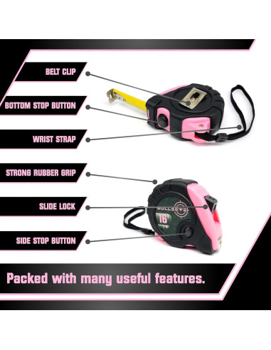 Cinta Métrica Bullseye 4.88m Rosa Retráctil con Bloqueo