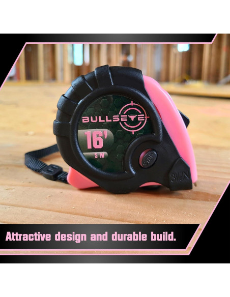 Cinta Métrica Bullseye 4.88m Rosa Retráctil con Bloqueo